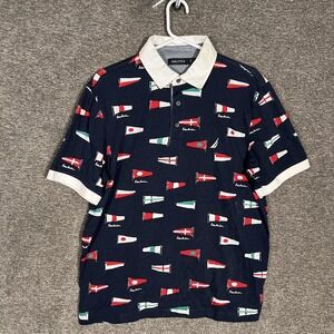 Nautica Polo Shirt Mens Medium Navy Allover Flag Print Nautical Sailing